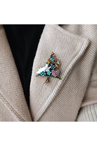 LENTE AKSESUAR Beyaz Güvercin,Pembe Kalpli Yeni Yıl Ağaç Broşu-Süslü Noel Yak...