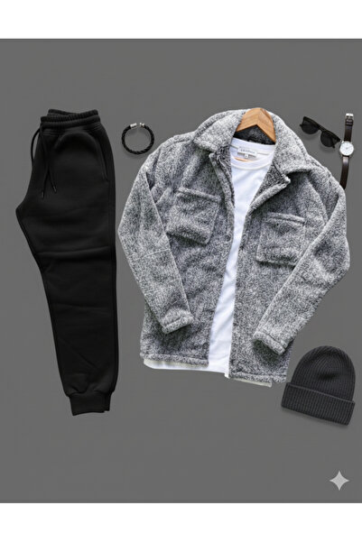 NİCE New Season Men's Set Bottom Top Plush Shirt- Sweatpants Long Sleeve Bottom Top Set