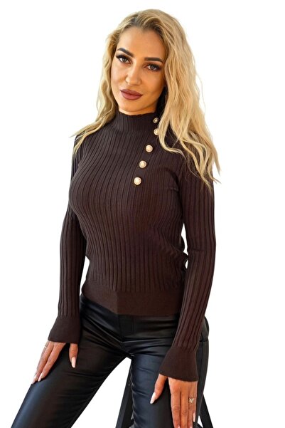 FashionForYou Women's blouse ELORIA, with high collar and pearl buttons, Brown