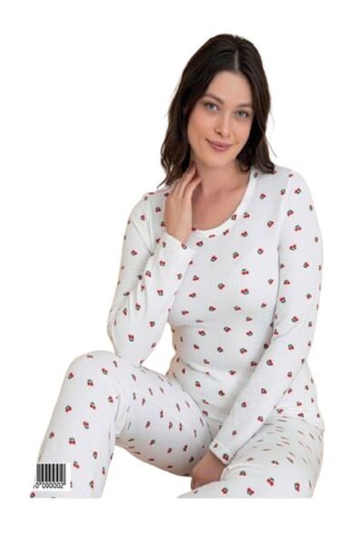 Manolya Women's Waffle Fabric White Cherry Pattern Crew Neck Long Sleeve Pajama Set
