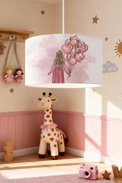 EVPANYA Pembe Yıldız Balonlu Kız Desenli Çocuk Odası Avize