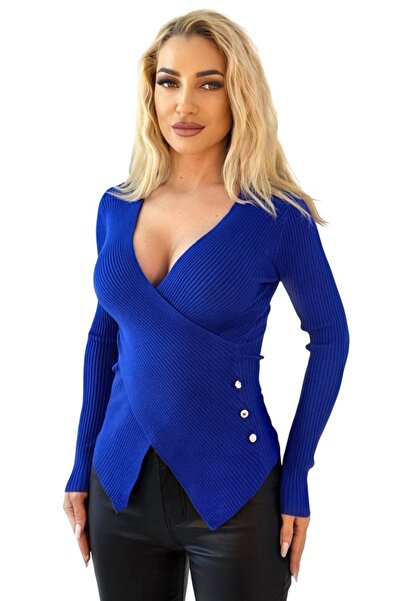 FashionForYou Miss Lady asymmetrical wrap-neck bandage blouse, Royal Blue
