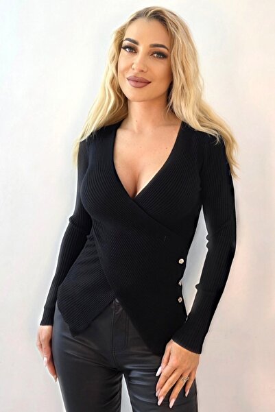 FashionForYou Miss Lady asymmetrical bandage blouse with wrap neckline, Black