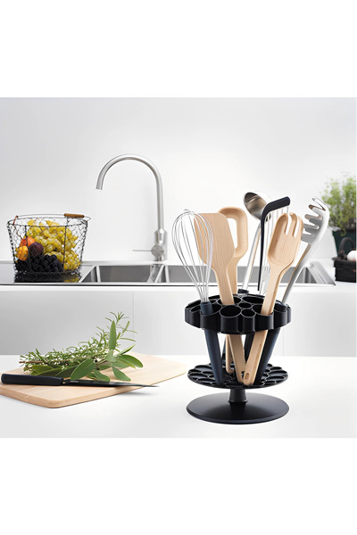 Herum Rotating, vertical, compartmentalized, plastic utensil holder, kitchen organizer, Black, 21 cm high