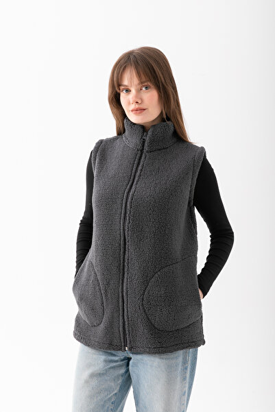 EtkiModa Vestă din lână cu guler ridicat fermoare pentru femei