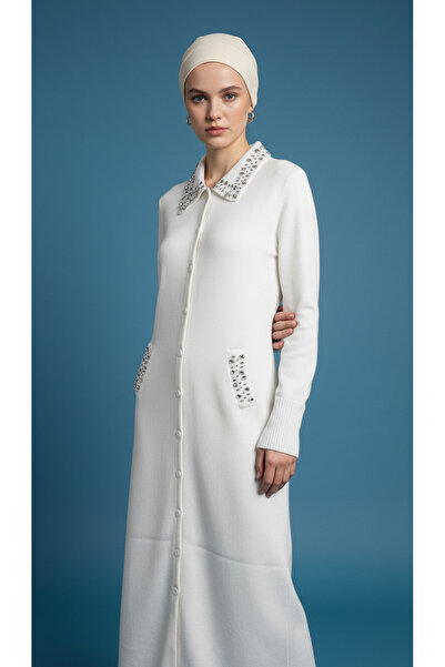 Digz fashion White Long Knitwear Tunic Cardigan with Stone Detail on Collar a...