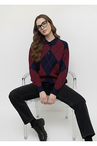 ASEZ BUTİK Premium Vintage Baklava Patterned, Polo Neck, Lux Knitwear Sweater