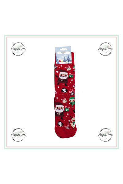 Kırmızı Noel Baba & Penguen Desenli Kadın Çorap – Yılbaşı Temalı