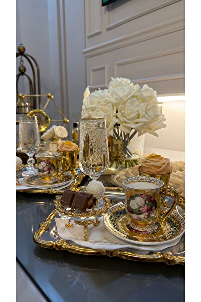 Vakıf home Royking 6 Kişilik Porselen 24 K Yaldızlı Güllü Kahve Fincan Takımı