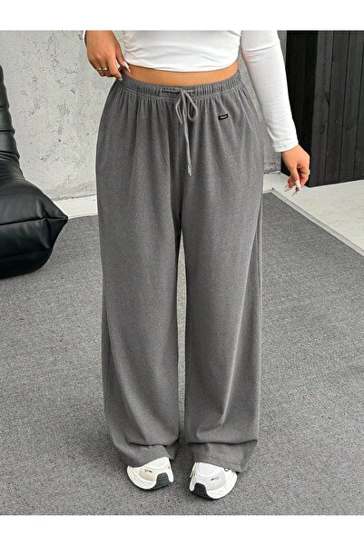 SPORTİVEA Kadın Düz Renk Dokuma Bağcıklı Bel Geniş Paça Normal Günlük Siyah P...