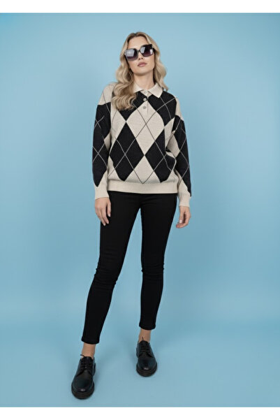 ASEZ BUTİK Premium Vintage Baklava Patterned, Polo Neck, Lux Knitwear Sweater