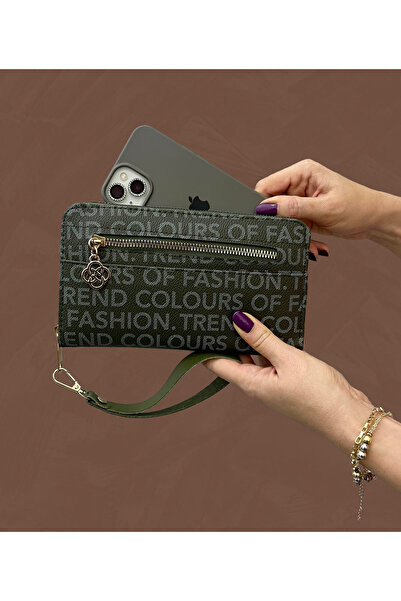 shiny ever Khaki Green Leather Women's Wallet Handbag with Wrist Strap and Gold Zipper Detail