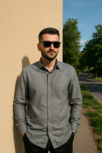 LUXIC CORE قميص رجالي من القطن بأكمام طويلة باللون الرمادي الكلاسيكي قصة ضيقة...