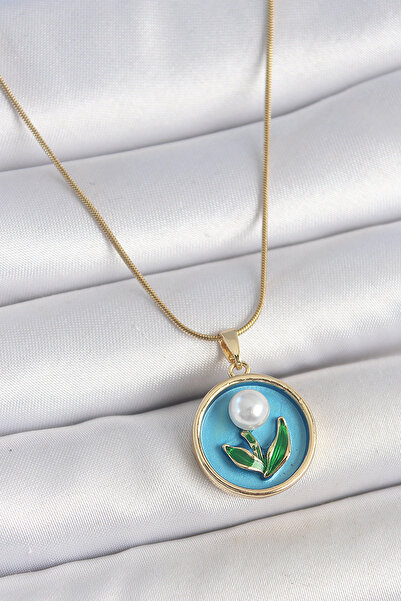 Skygo 316L Steel Gold Color Chain Blue Enamel Flower Embroidered with Pearls ...