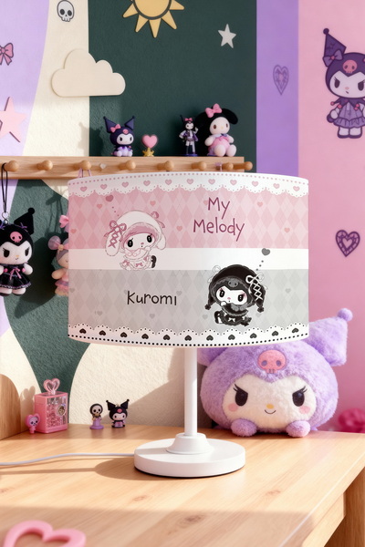 EVPANYA Pink Gray Hearts Kuromi and My Melody Patterned Children's Room Lamps...