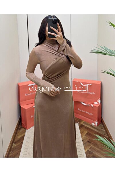 Elegent Long, fitted mocha stretch evening dress with elegant draping details