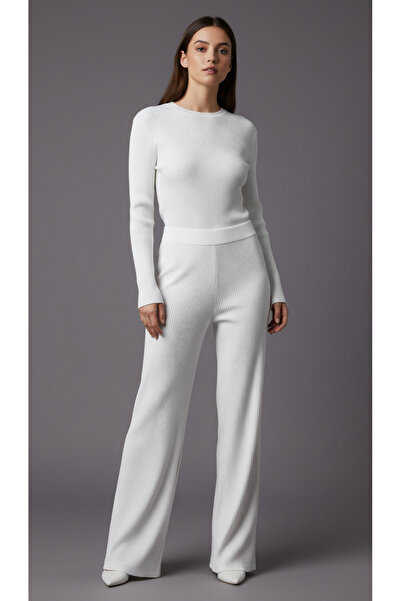 Digz fashion Beyaz Diagonal Desenli Beli Lastikli Salaş Triko Pantolon