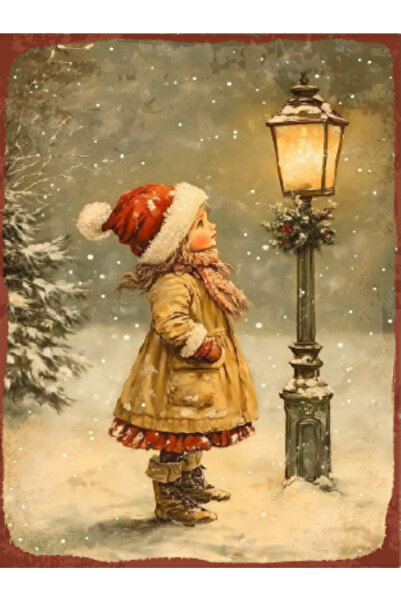 BiveSa Yılbaşı, Kız Çocuk Ve Lamba Temalı Ahşap Retro Poster