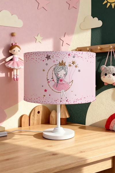 EVPANYA Pembe Yıldızlı Aydaki Prenses Desenli Çocuk Odası Abajur