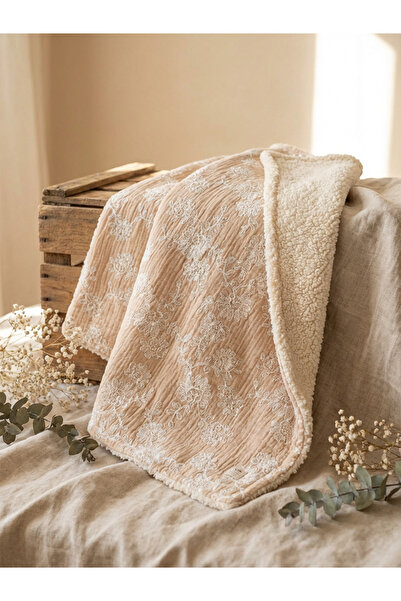 Pufuduk Baby بطانية أطفال فاخرة من الموسلين مطرزة ومبطنة بالفرو