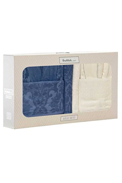 Özdilek 6 Piece (100% Cotton) Family Bathrobe Set Curve Cream-Indigo