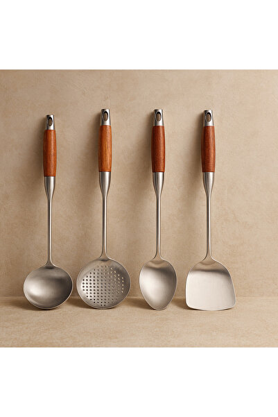 Evanev Masterchef 2 Paslanmaz Çelik Akasya Ağacı Tutmalı Mutfak Seti 4 Parça