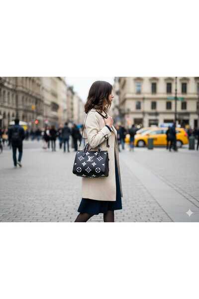 Generic A medium-sized black handbag with embossed patterns, completing a stylish outdoor look.