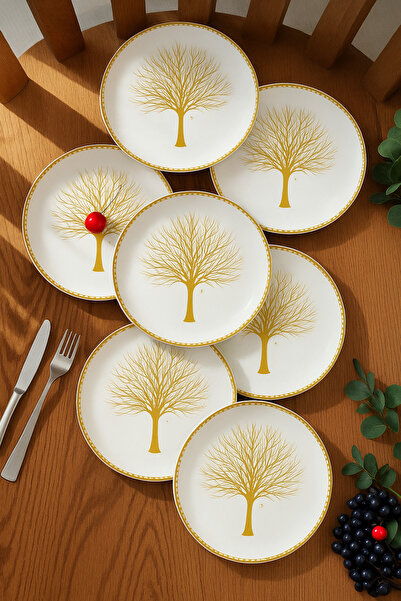 Paşabahçe 6' lı 20 cm Büyük Boy Pasta-Tatlı Tabağı Seti-Altın Hayat Ağacı Deseneli Şık Sunum Tabakları