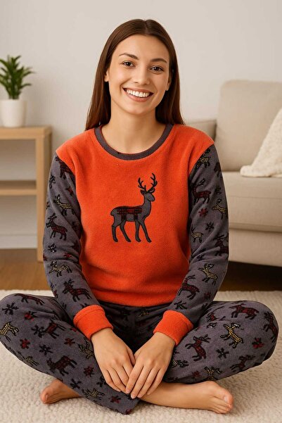 ANATOLIATEKSTILE Women's Warm Fleece Pajamas - Printed Pattern, Blouse + Pant...