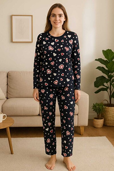 MİSS ADELLA Women's Micro Suede Nightwear Without Pockets Winter Comfortable Heart Patterned Navy Blue Printed Home Tracksuit Set