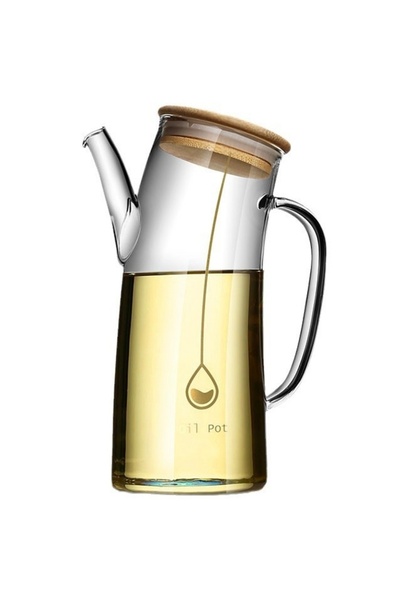PUFO Oliviera made of borosilicate glass with bamboo handle and lid, 1L -elegant container for oil,