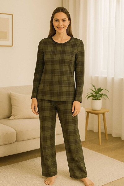 MİSS ADELLA Women's Micro Suede Nightwear Without Pockets Winter Comfortable Square Striped Khaki Patterned Home Tracksuit Set