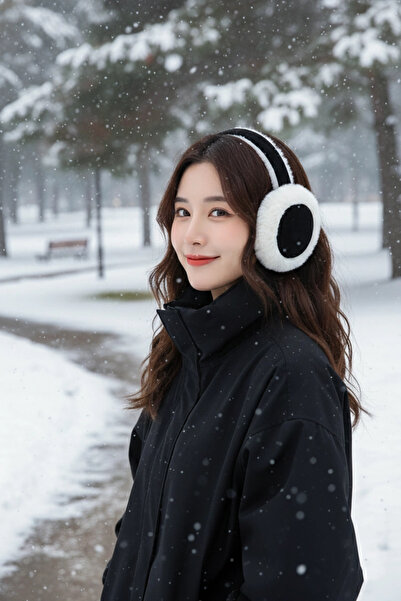 PRVT Siyah Beyaz Peluş Kulaklık – Kışlık Kulak Isıtıcı, Yumuşak Soğuk Geçirmez