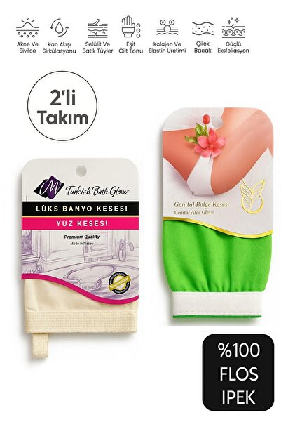 Onouqo 2'li Takım Yüz ve Hassas Bölge Temizlik Kesesi %100 Floş İpek Peeling ...