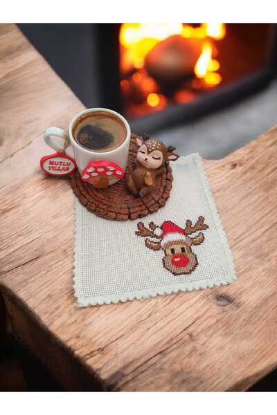 RivelCandle Sınırlı Üretim El İşlemesi Etamin Peçeteli Geyik & Mantar Kahve Seti