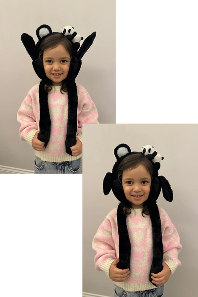 PRVT Kulakları Oynayan Siyah Peluş Çocuk Kulaklık – Panda Figürlü Kulak Isıtıcı, Uzun Bantlı Oynar Kulakl