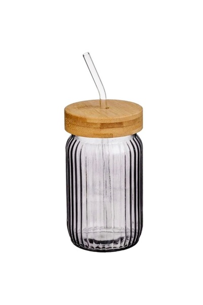 PUFO Elegant fluted glass cup with bamboo lid and straw, ideal for smoothies or juices, 450 ml