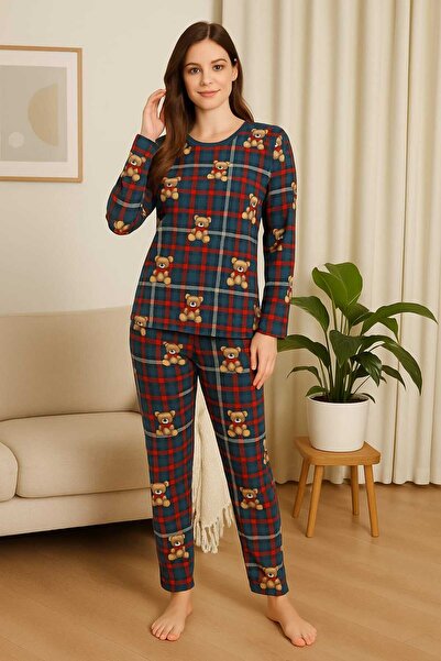 MİSS ADELLA Women's Micro Suede Nightwear Without Pockets Winter Comfortable Cut Striped Bear Square Patterned Home Tracksuit Set