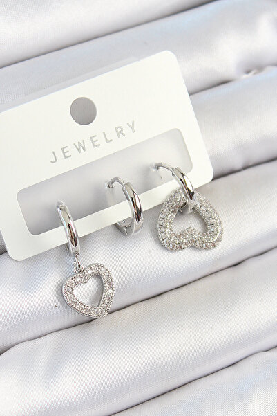 Skygo Brass Zircon Stone Heart Model Silver Color 3-Piece Double Women's Earr...