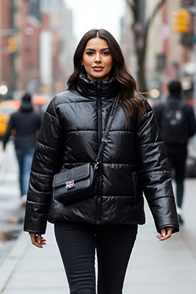 Giyyin Palton negru cu guler înalt, căptușit cu fibre interioare, căptușit cu matlasare