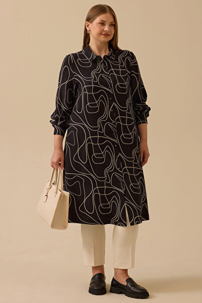 Gala-Xi تونيك طويل منقوش للنساء من جالاكسى مقاس كبير 4006 أسود
