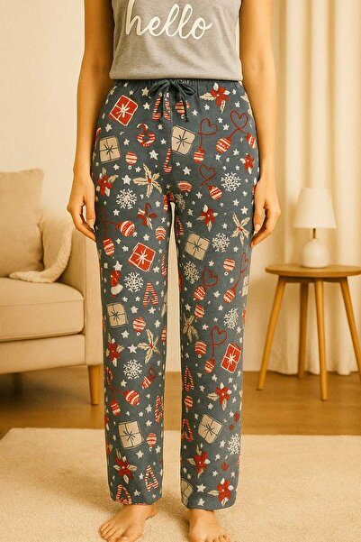 MİSS ADELLA Women's Micro Suede Pocketless Winter Home Gray New Year Festive Trackpants