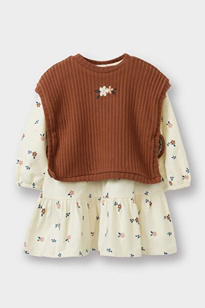 DeFacto Baby Girl 2-Piece Set Sweater Floral Pattern Long Sleeve Dress G6855A525Wn