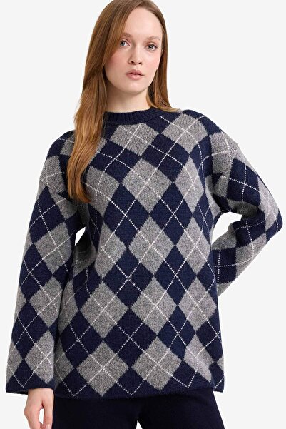 DeFacto Regular Fit Crew Neck Diamond Pattern Knitwear Sweater Tunic G6356Ax25Wn