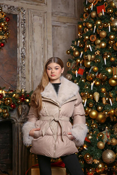 Girls Inflatable Coat Gold Stone Leather Detailed Furry Belted