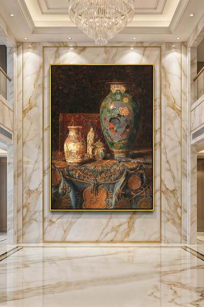 Wallivo Leon Bonvin Çin Vazoları ve Figürlü Natürmort Siyah Metal Çerçeveli K...