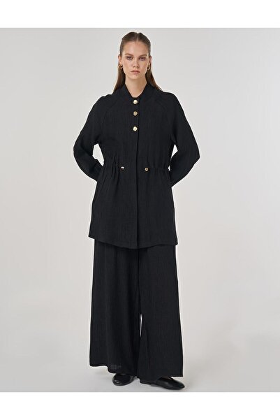 Kayra Shiny Buttoned Lyocell Double Suit Black