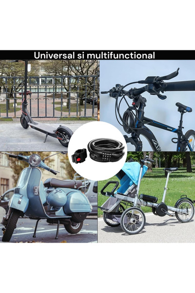 OEM Lacat antifurt cu cod 4 cifre cu suport, otel spiralat, pentru Bicicleta/...