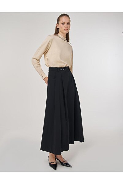 Kayra Belt Detailed A-Line Skirt Black