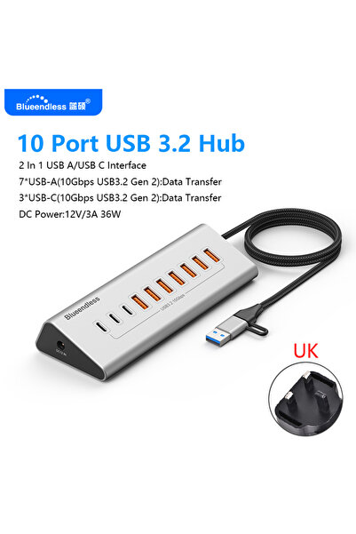 Choice HU101 UK PLUG Blueendless Aluminum USB3.2 Gen2 10Gbps 7 منافذ 10 منافذ...